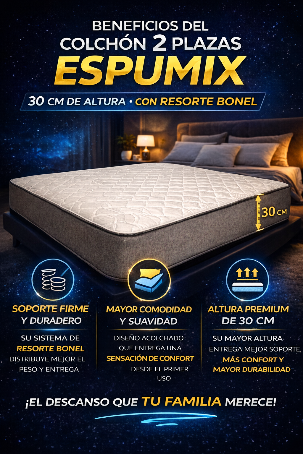 😴 COLCHÓN ESPUMIX 2 PLAZAS – 30 CM DE CONFORT Y SOPORTE REAL